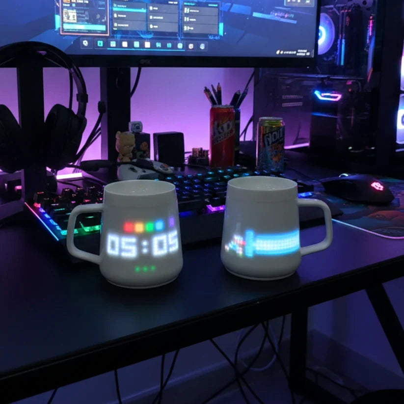 Pixel mugs in a desk setup